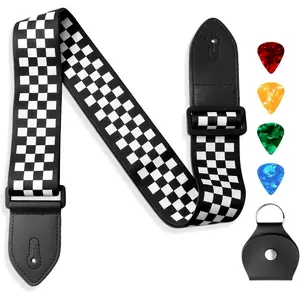 Black White Grid Guitar Strap with Leather Pick Box and 4 count Picks Guitar Accessories, Stylish Acoustic Electric Guitar Strap, Adjustable Guitar Straps with Long Leather Ends Suit for  Guitars