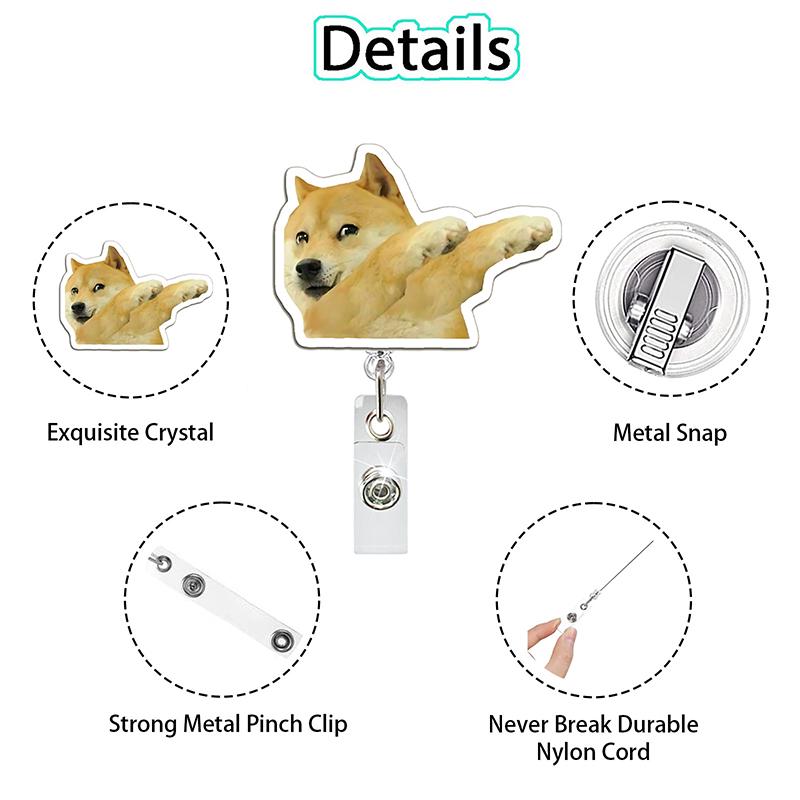 4-piece acrylic dog emoji retractable work ID badge holder set, suitable for nurses and medical staff, retractable rotating badge reel, doctor and nurse keychain ID pull reel