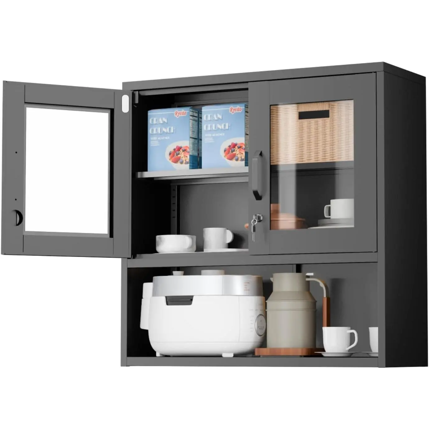 Metal Wall Cabinet with Locking Glass Doors, Adjustable Shelf, Wall Mounted Storage Display Cabinets for Garage, Kitchen, Home Office, Warehouse, Living Room, Black