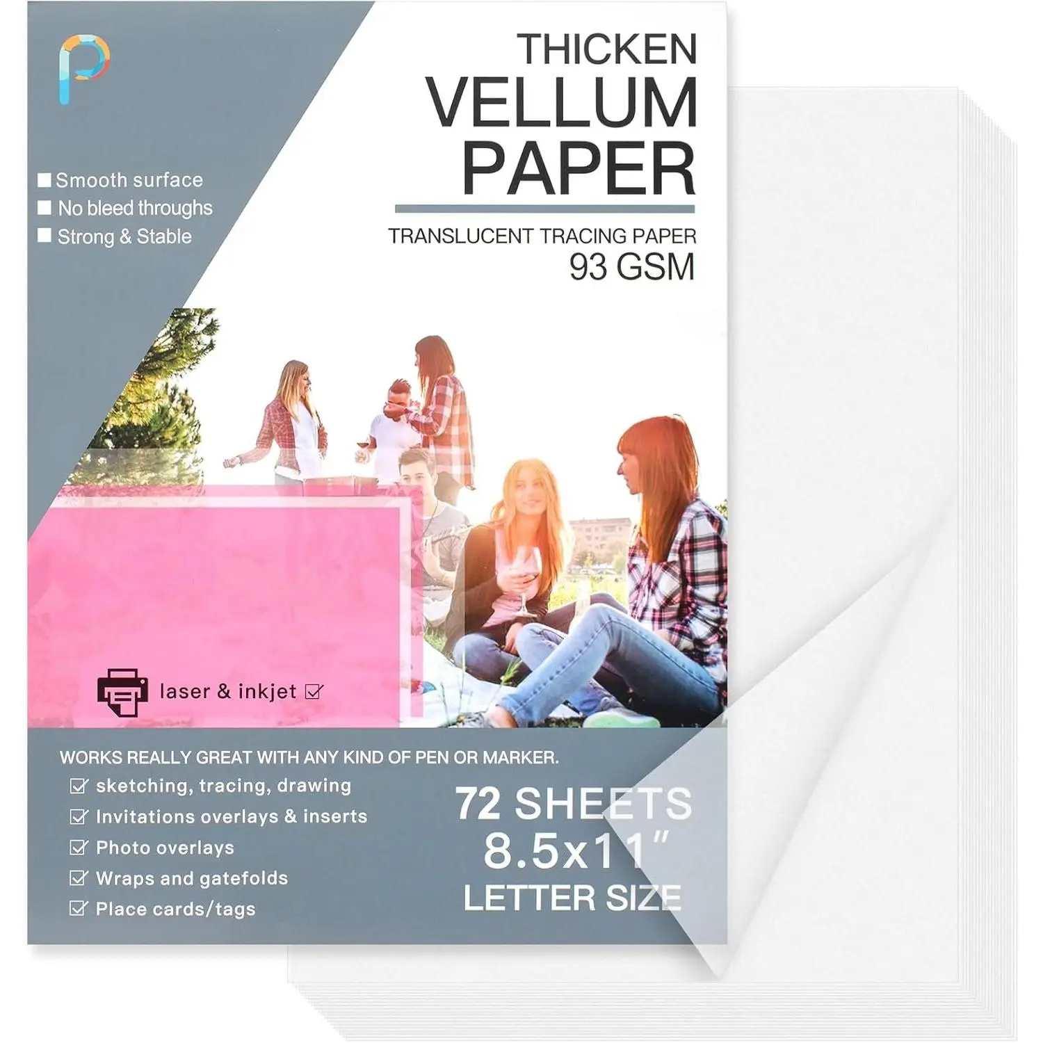 72 Sheets Translucent Vellum Paper 8.5 x 11, Printable Vellum Jackets Vellum Paper for Invitations, Tracing Paper for Drawing Sketching, Invitation  Bands,  Box Liners, White