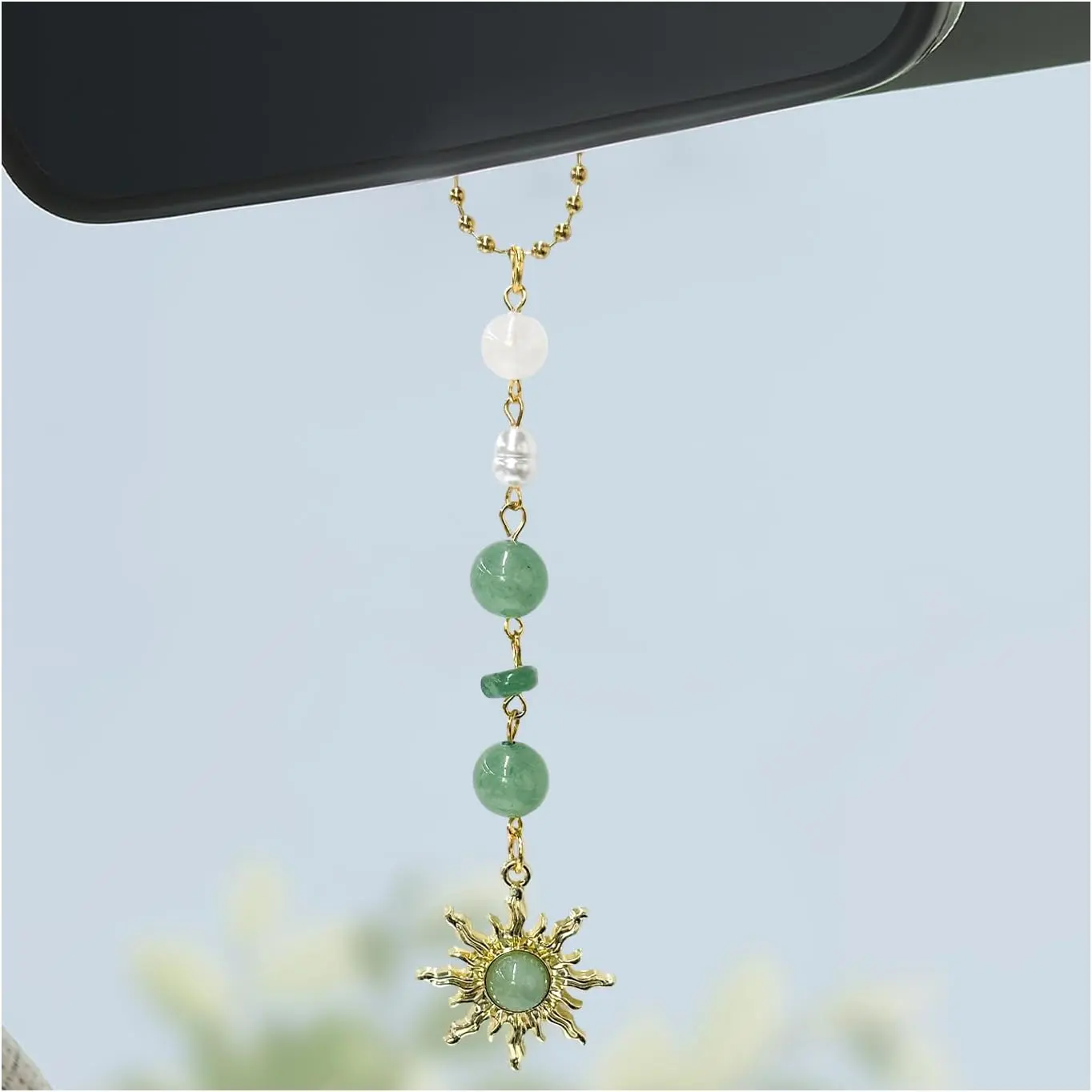 Sun   , Rear View Mirror Cute Boho Dangling Sun  Decor  Ornament,     Stones Sun Catcher Mirror Pendant for Women Men (Light Green)