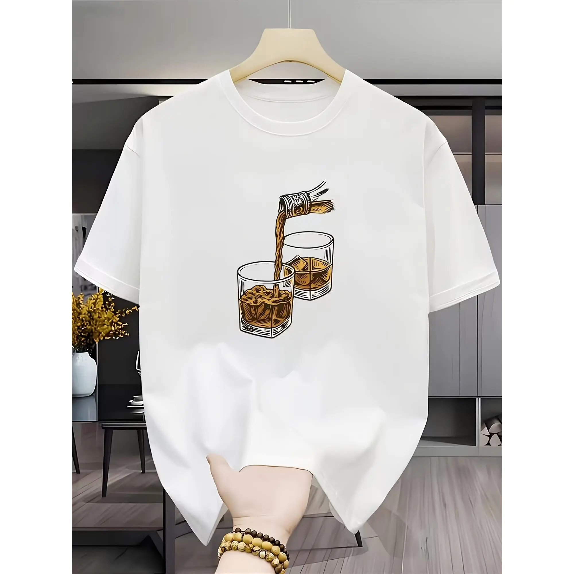 Soft Natural Cotton Crew Neck Short Sleeve Tee, Vintage Whiskey Pouring Bottle & Glass Retro Sketch Graphic Top, Bourbon Liquor Drinking Casual Shirt For Men Bar Party Wine Lover Daily All-Match Outfit, 2 Colors Black White Available
