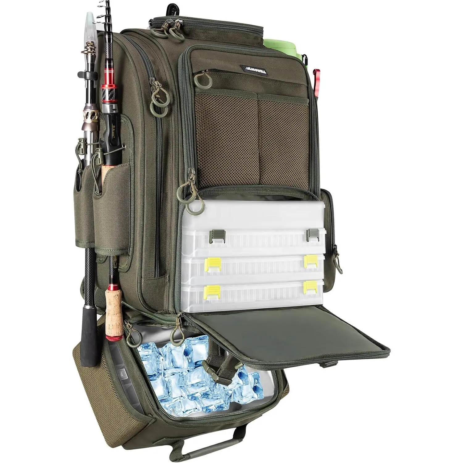 Fishing Backpack with Cooler for 3 Tackle Boxes Fishing Bag with Rod Holder | for Camping and Hiking, grade thickened 4 layers Pvc, Handle,WaterproofMaterial,Detachable insulated cooler pouch
