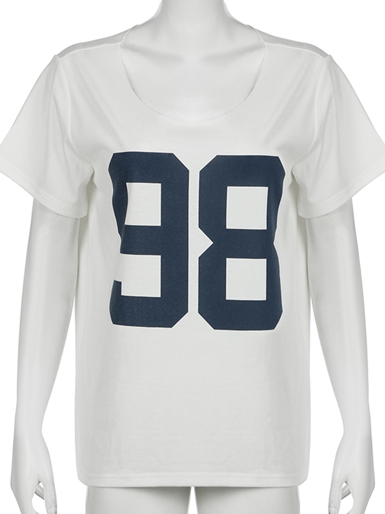 Women's Number "98" Print Drop Shoulder Tee, Casual Fit Brandy Melville Short Sleeve Round Neck T-shirt for Summer, Fashion Women's Top for Daily Wear 90s Streetwear Clothes, Graphic Tees Women, Clothing, Womenswear
