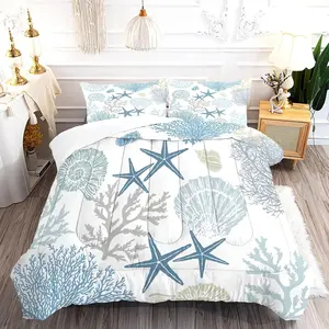 Comforter Set Twin Size Nautical Bedding for Kids Men Women, Beach Starfish Shell Quilt Bedroom Decor 1 Comforter 1 Pillowcase