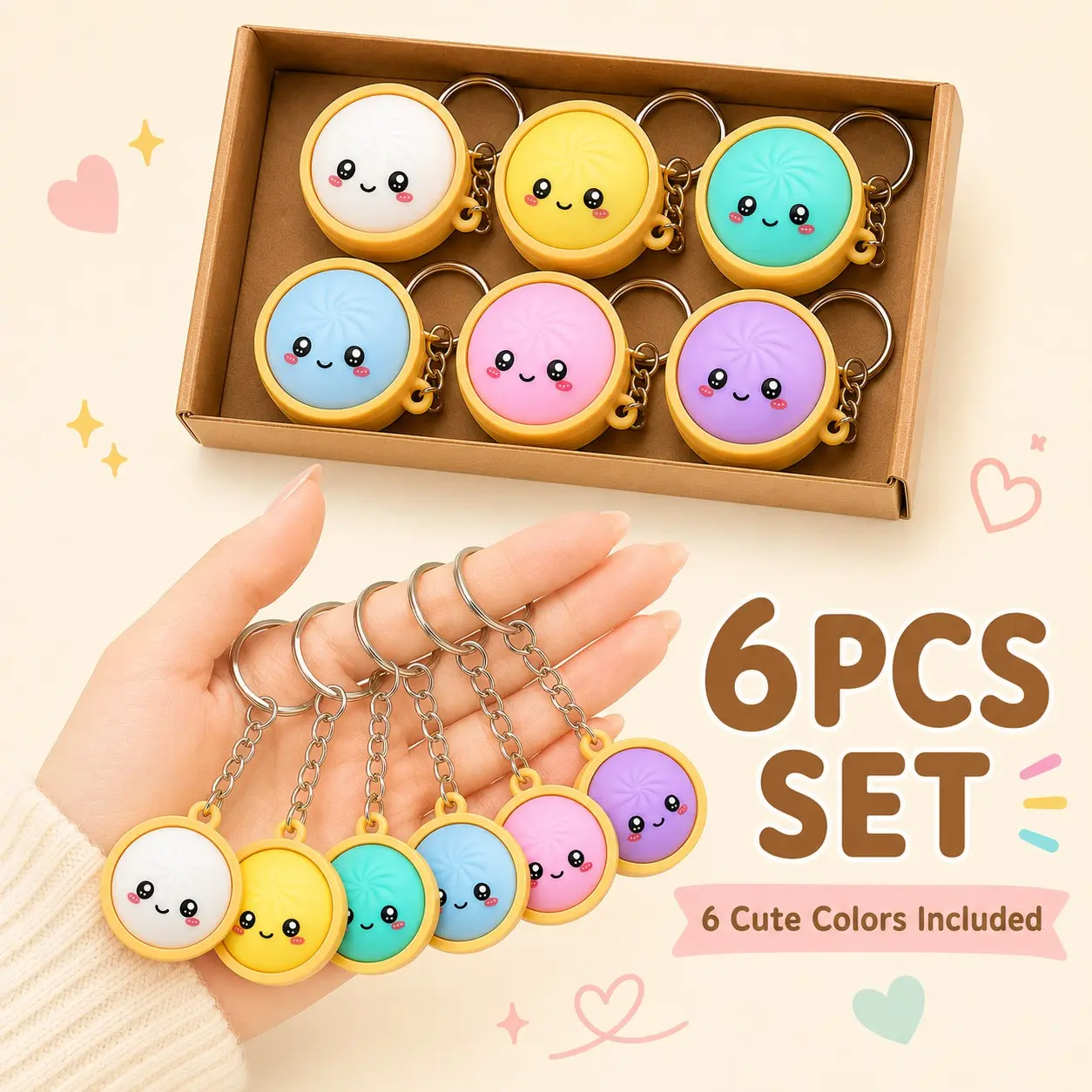 6PCS Mini Dumpling Keychains, Cute Kawaii Bun Charms with Metal Rings, Colorful Food Shape Pendant Keychains for Bags, Keys, Backpacks, Goodie Bags and Gifts for Adults