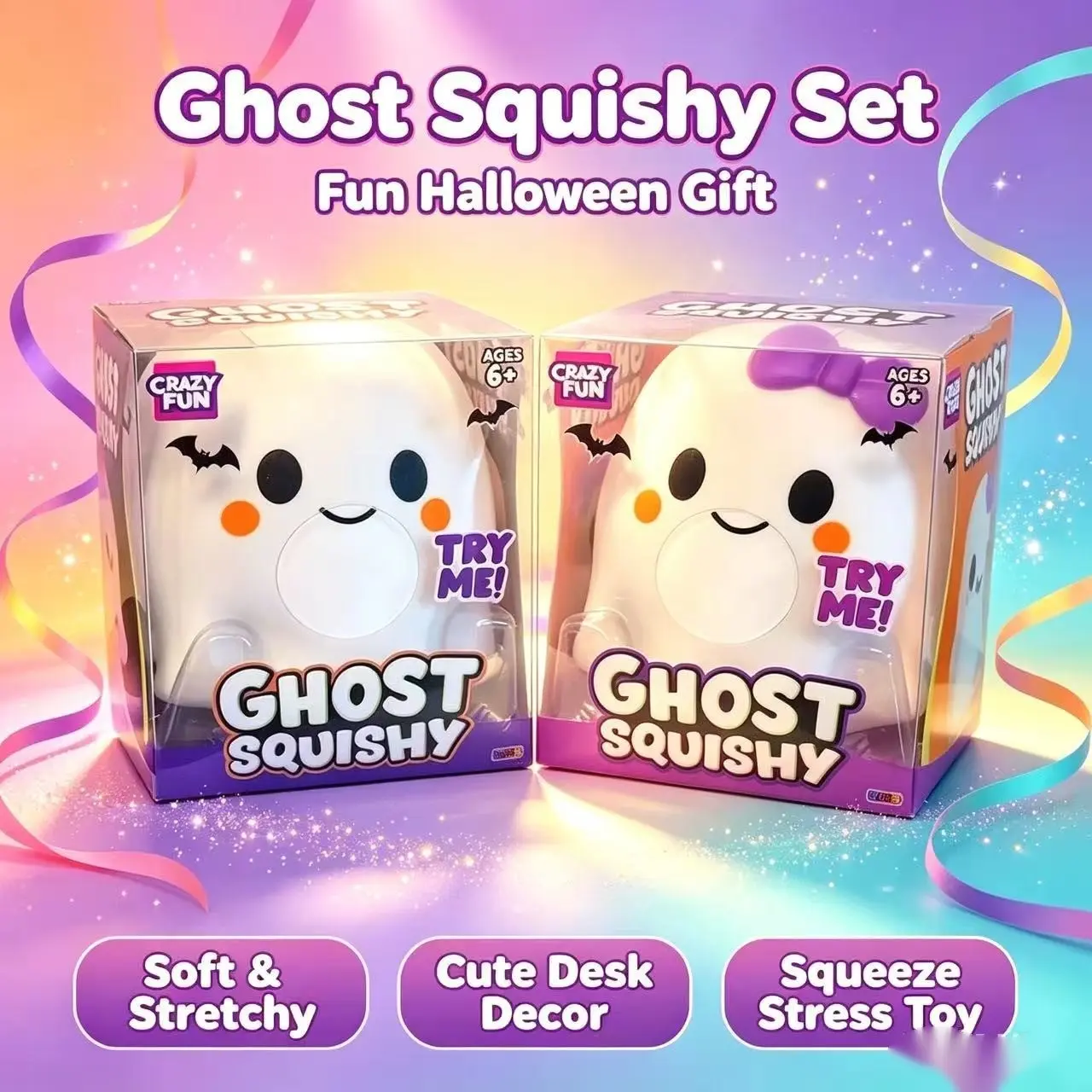1-2pc Crazy Fun Ghost Squishy Toy, Bow Design, Stress Relief Squeeze Doll, Perfect Gift for Kids & Adults