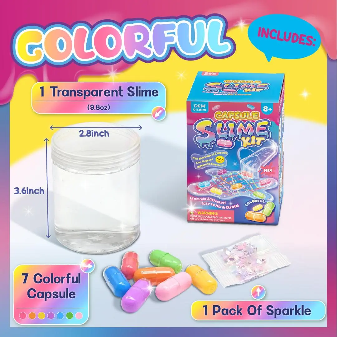 1Set Magic Capsule Slime Kit, Clear Slime with Colorful String Beads, DIY Sensory Craft Toy, Fun Stretchy Rainbow Slime Game Gift for Kids, Teens & Adults