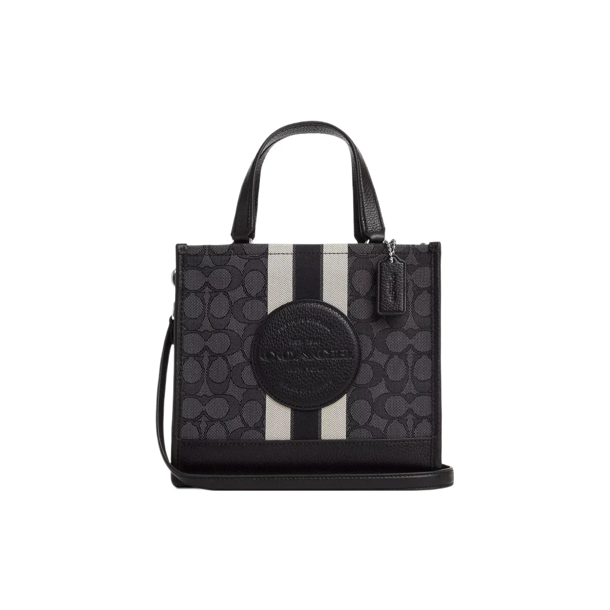 COACH Dempsey 22 Tote Bag for Women – Monogram Stripe Logo Fabric and Leather Handbag in Black
