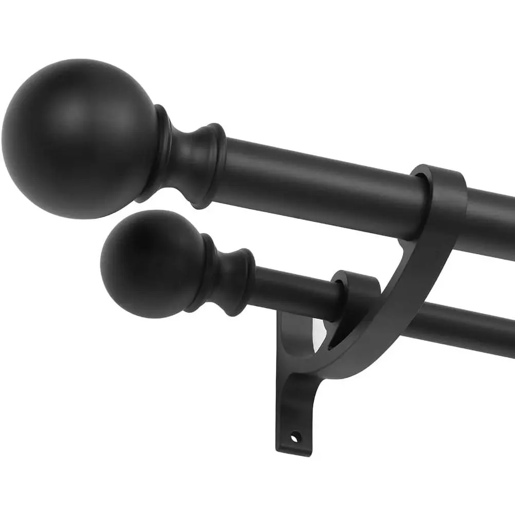 Double Curtain Rods 48 to 84 Inch Matte Black Decorative With Round Finials for Window 1-Inch Front and 5/8 Inch Back Rod