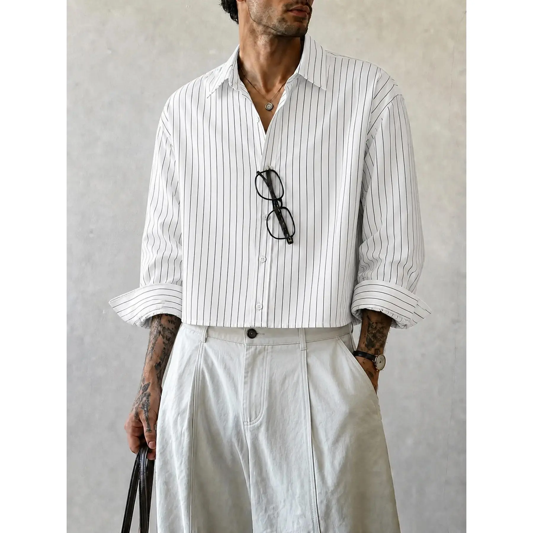 Men's Cropped Pinstripe Button-Up Shirt for Summer Night Out, Relaxed Long Sleeve Short Length Shirt, Oversized Shirt Alternative