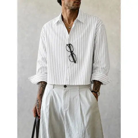 Men's Cropped Pinstriped Long-Sleeve Button-Up Shirt - Menswear Tops, Casual Summer Night Out Wear, Oversized Option, Longsleeves