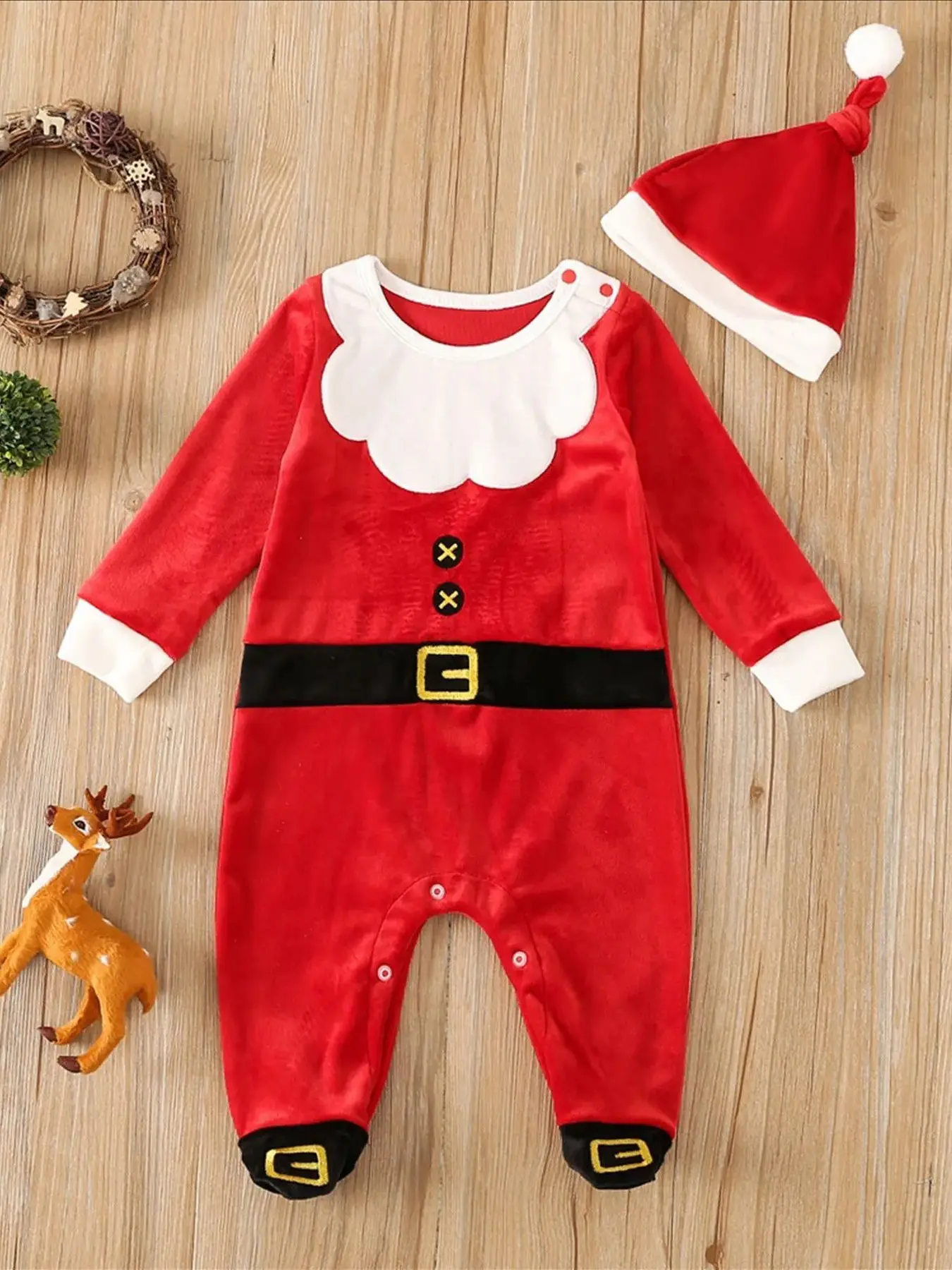 Unisex Christmas-Themed Long Sleeve Footed Onesie + Hat Set, European Style Fall Winter, Fashion Kids Clothing, Toddler Onesies