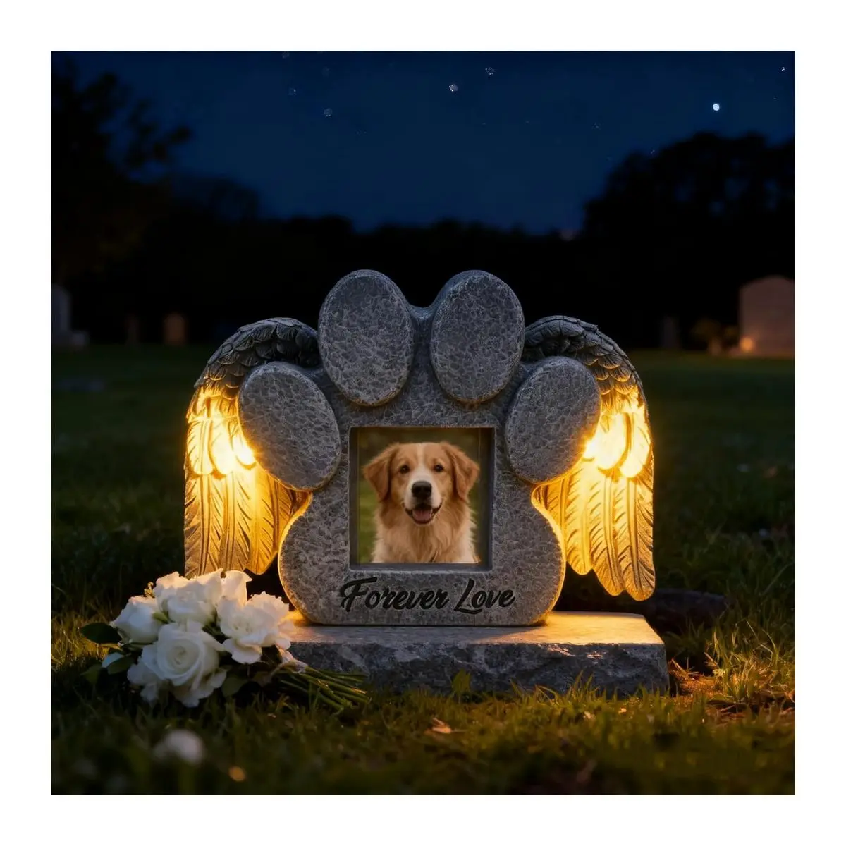 Pet Memorial Solar Light Stone with Angel Wings - Personalized Picture Frame, Paw Print Compact Dog Cat Headstone Grave Marker, Backyard Garden Decor with Night Lighting