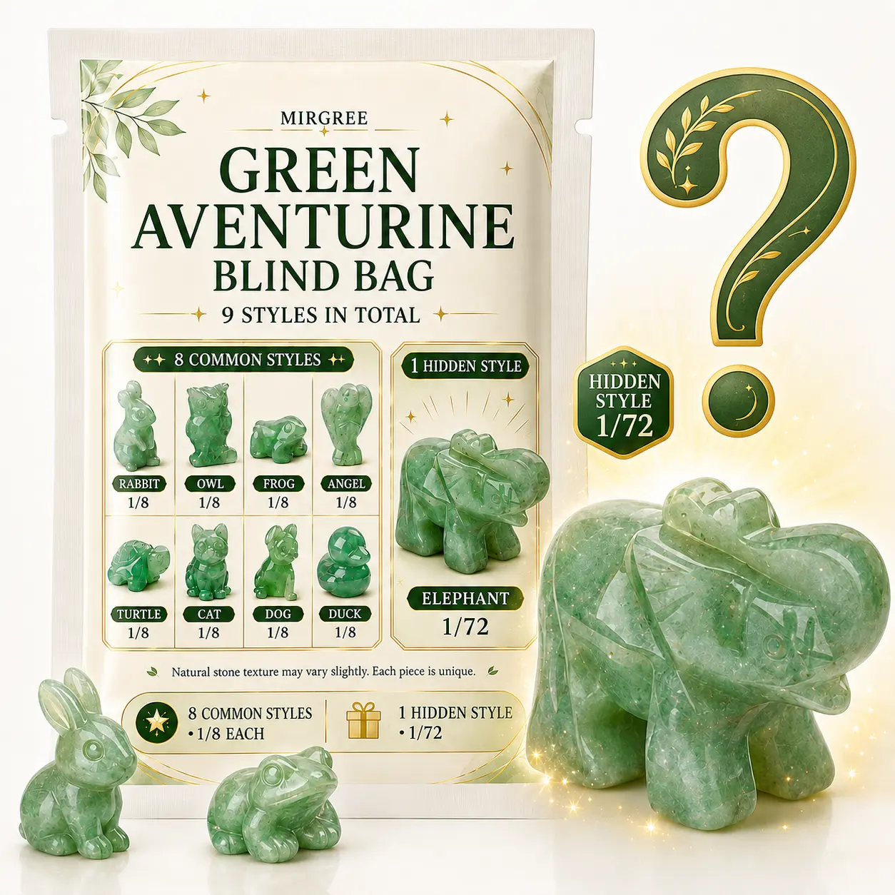 MIRGREE Green Aventurine Blind Bag, Mystery Animal Stone Figurine Surprise Bag, 9 Styles Collectible Carved Crystal Animal Mini Statue, Hidden Elephant Style, Fun Gift