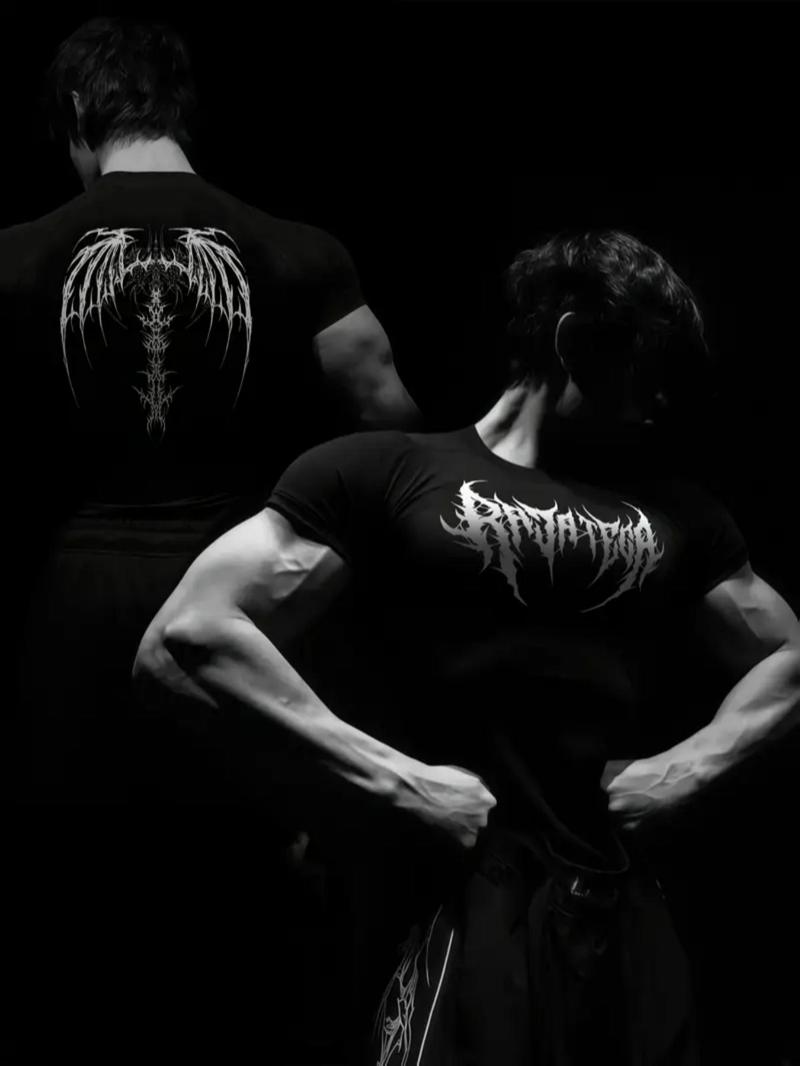 Gothic Men's Skull Letter Print Sports T-shirt, Street Style Tight Fit Top, Ideal for Crossfit and Summer Workouts, Gym Shirts