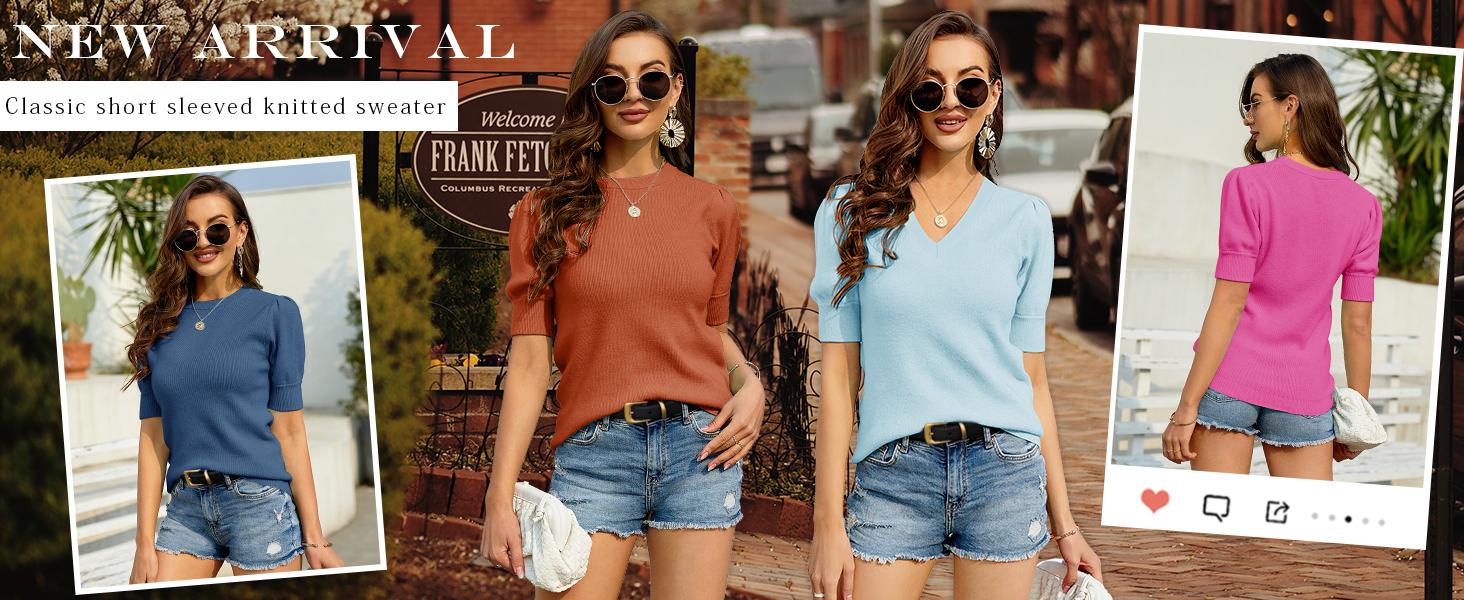 Saodimallsu Womens Puff Short Sleeve Sweater Casual Summer Crew Neck Pullover Tops Ribbed Knit Sweater Blouse SpringStatements