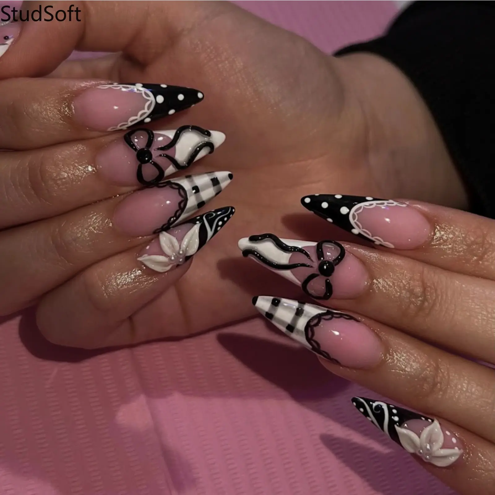 24PCS Gothic Punk Press-on Nails, Black White Full Cover Long Stiletto Nails with 3D Ribbon Bows Lace Flowers, Artificial False Fingernails for Party Look, Nail Press On Nails,back to school,back to school haul