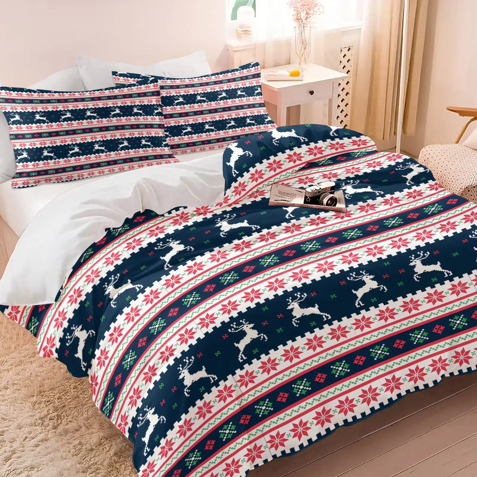 Christmas Themed Duvet Cover Set with Reindeer Elements, Fashionable & Versatile for Indoor Decoration, Ideal Housewarming & Christmas Holiday Gift for Teens and Adults. Includes 1 Duvet Cover and 1 or 2 Pillowcases, Duvet Insert & Pillow Inserts NOT INCL