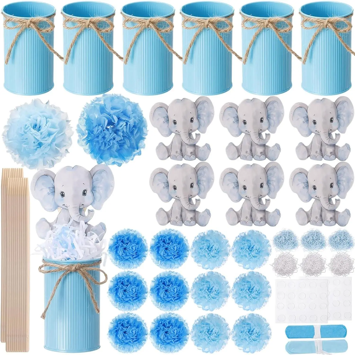 Spiareal 6-Set Blue Elephant Baby Shower Vase Decorations - Wooden Table Decor with 7.1" Sticks, Full Shape Pom Poms Toppers, Tin Vases for Gender Reveal Party Table Centerpieces