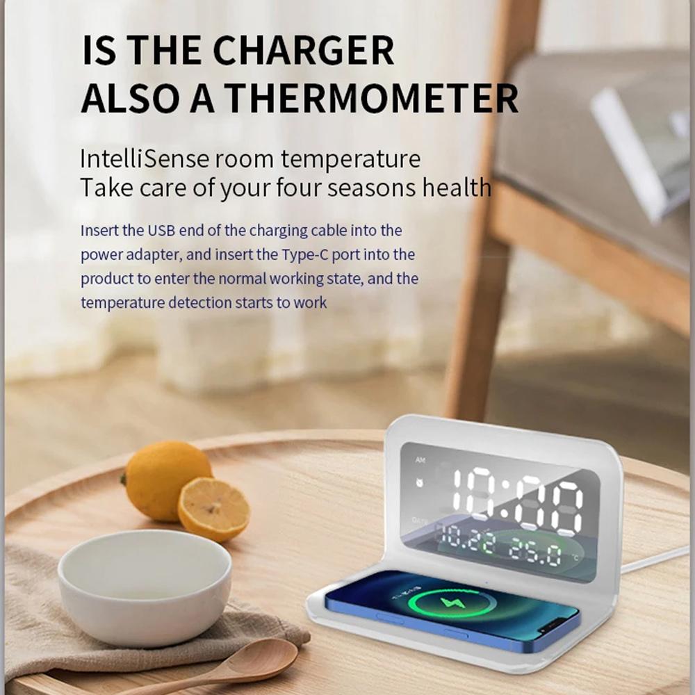 Wireless Charger Pad Stand with Alarm Clock Thermometer  Fast Charging Station dock charger station 3-in-1 Magnetic Charger with PD Fast Charging