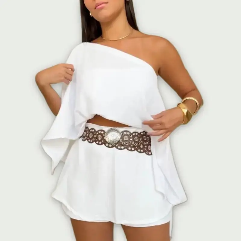 Women's 3 pieces off-shoulder multi-ways split-sleeve casual shorts set (without Belt)