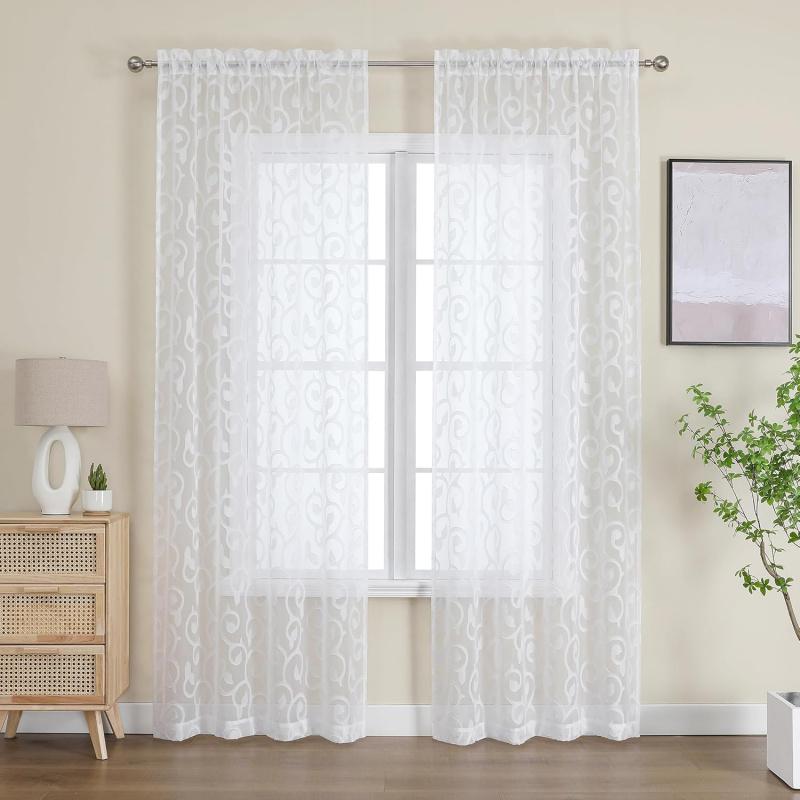 Furman Sheer White Curtains 84 inches Long for Bedroom Living Room 2 Panels Set, White Curtains Jacquard Clip Light Filtering Semi Sheer Curtain Rod Pocket Window Drapes, 2 Pcs Each 40