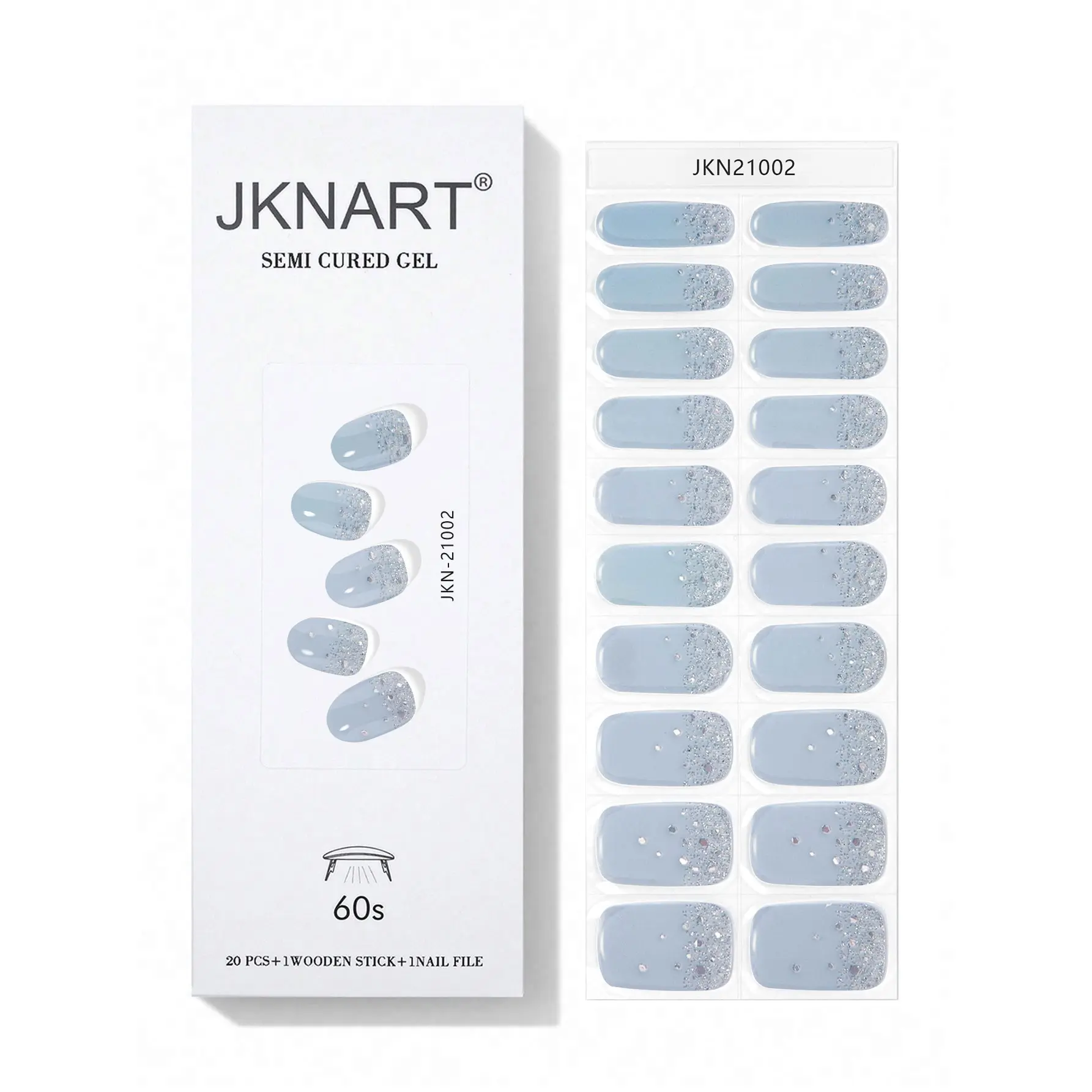 Jknart-20 Piece Semi-Cured Gel Nail Stickers, Gel Nail Strips, Blue Solid Color, UV Curing, Salon Quality, Durable, Easy to Use, Perfect for Beginners