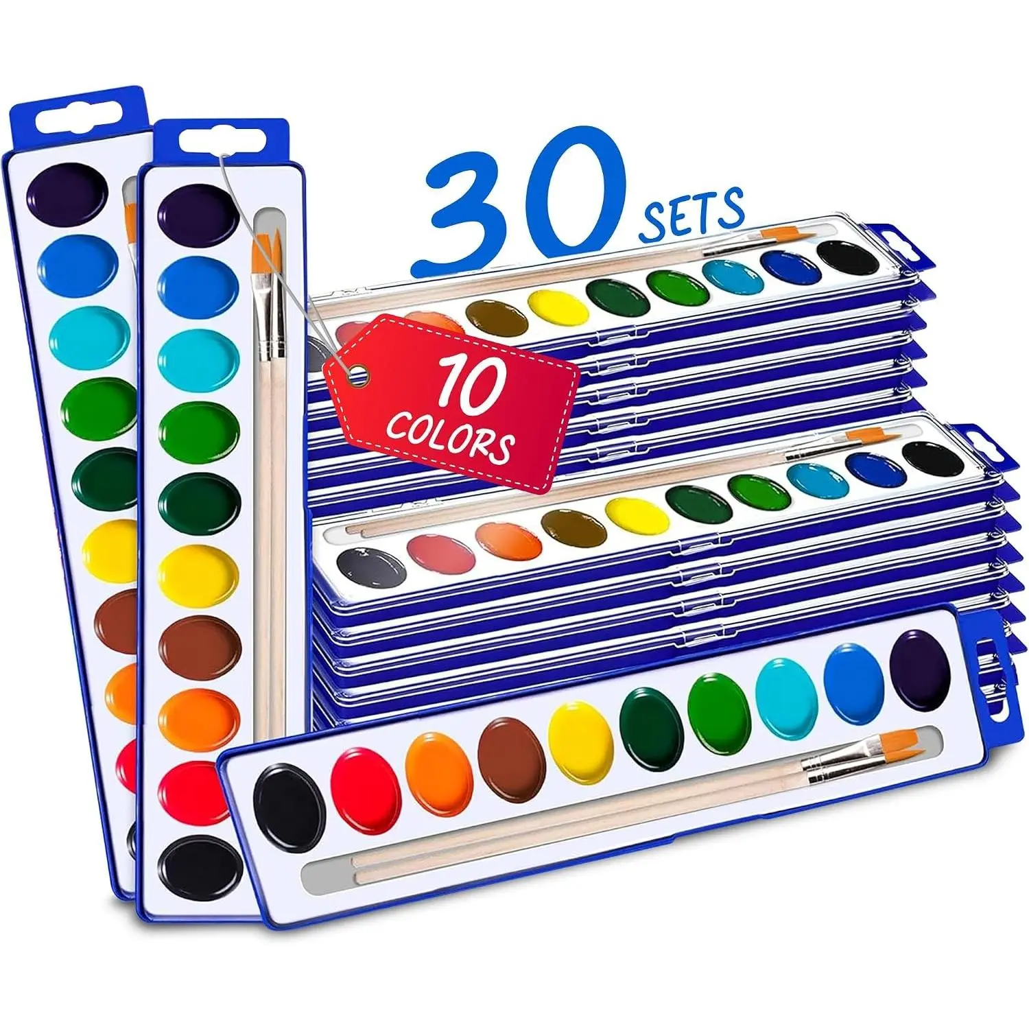30 Pack Bulk 10-Color Washable Watercolor Paint Sets for Kids, Mini Water Paint Kit with 2 Wood Brushes Included for Party Favor Classroom Art Activities