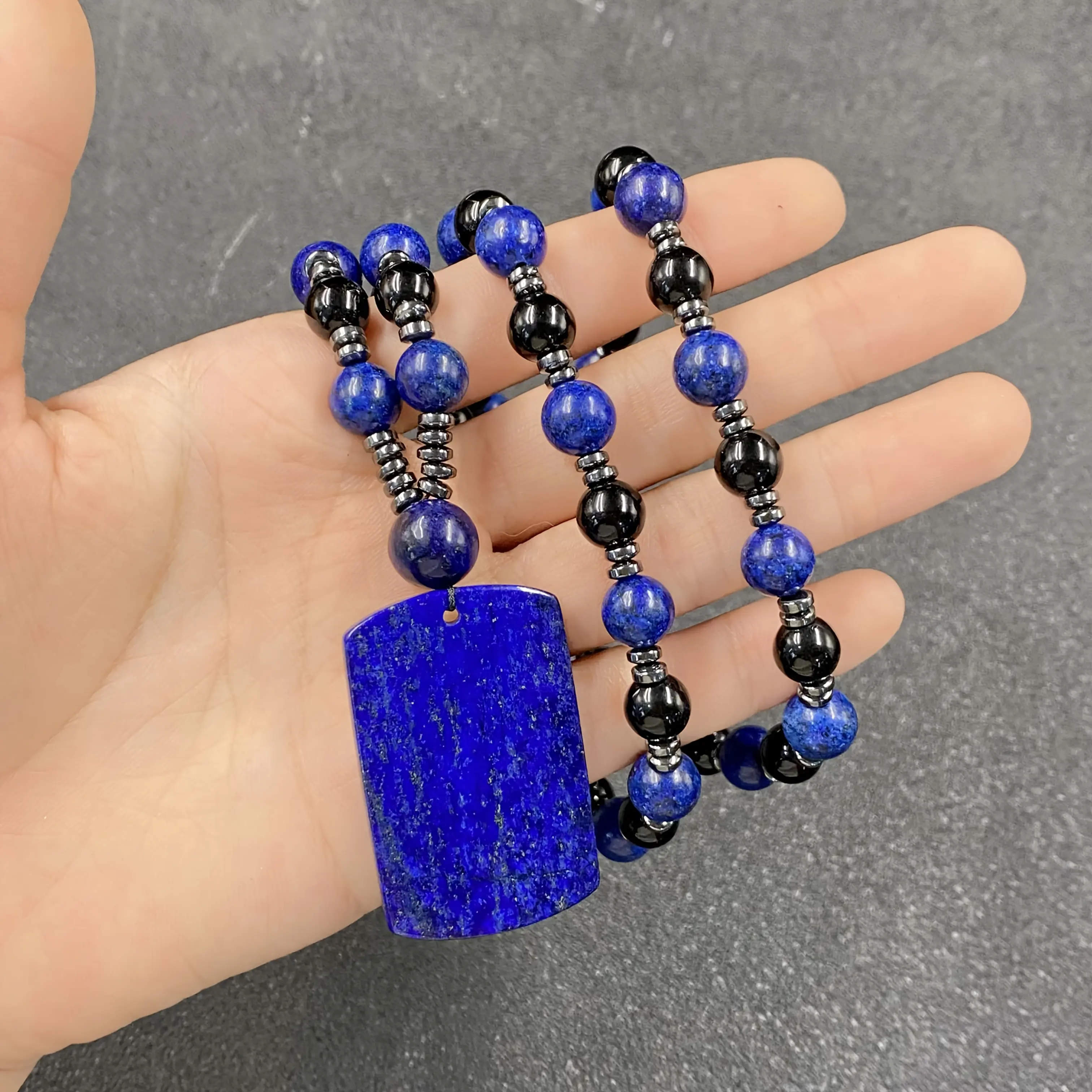 1pc Natural Lapis Lazuli Wu Shi Brand Pendant Necklace| Paired With Black Onyx-Lapis Lazuli-Hematite Spacers For Safe Protection, Enhances Temperament, Brings Inner Peace, Elegant And High-End, Versatile For Daily Use