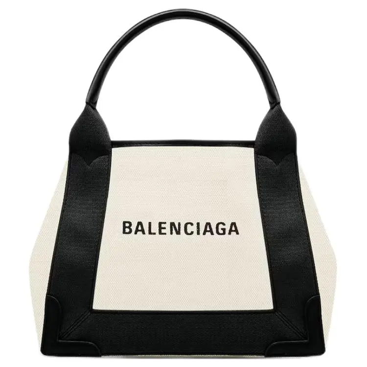 Balenciaga Navy Logo Snap-Side Canvas Tote Bag for Women – Black and Beige Mini Handbag