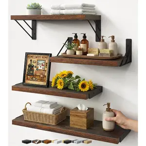 Wall Shelves for Bathroom Decor, Floating Wall Shelves for Living Room Kitchen Storage, Mounted Rustic Wood Floating Shelves for Kids Books, Corner Shelf for Bedroom(Rustic Brown,Set of 4)