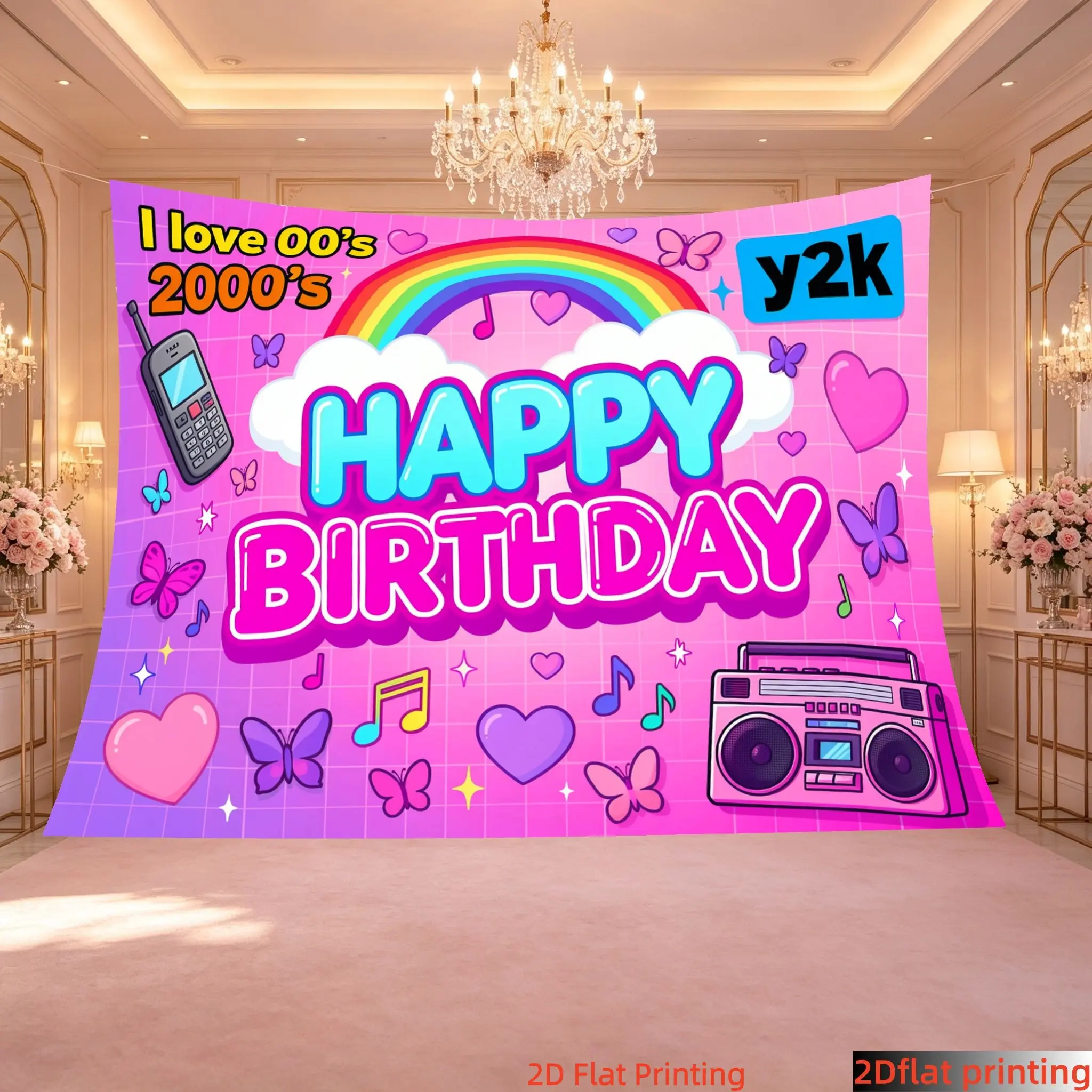 Y2K Retro Birthday Banner, Rainbow Heart Butterfly Print, Polyester Material, Multiple Sizes, Party Decor, Photo Backdrop, Wall Decoration