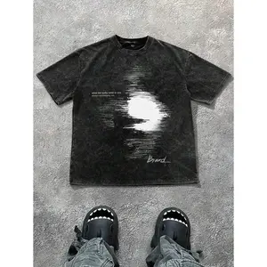 PAVTROS Manfinity Streetrush Men's Blurred Face Print Snow-Washed Cotton T-Shirt,Dark Grey Summer Streetwear City Break Short-Sleeved Round Neck Graphic Tee