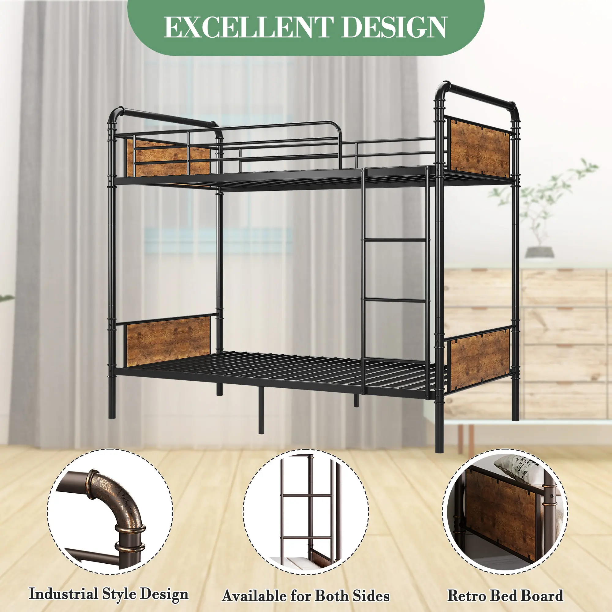 Heavy Duty Metal Twin Over Twin Bunk Bed – Convertible to Two Single Beds, Guardrails, Detachable Ladder, Noise-Free, Space-Saving, No Box Spring Needed – Appropriate for Kids & Teens