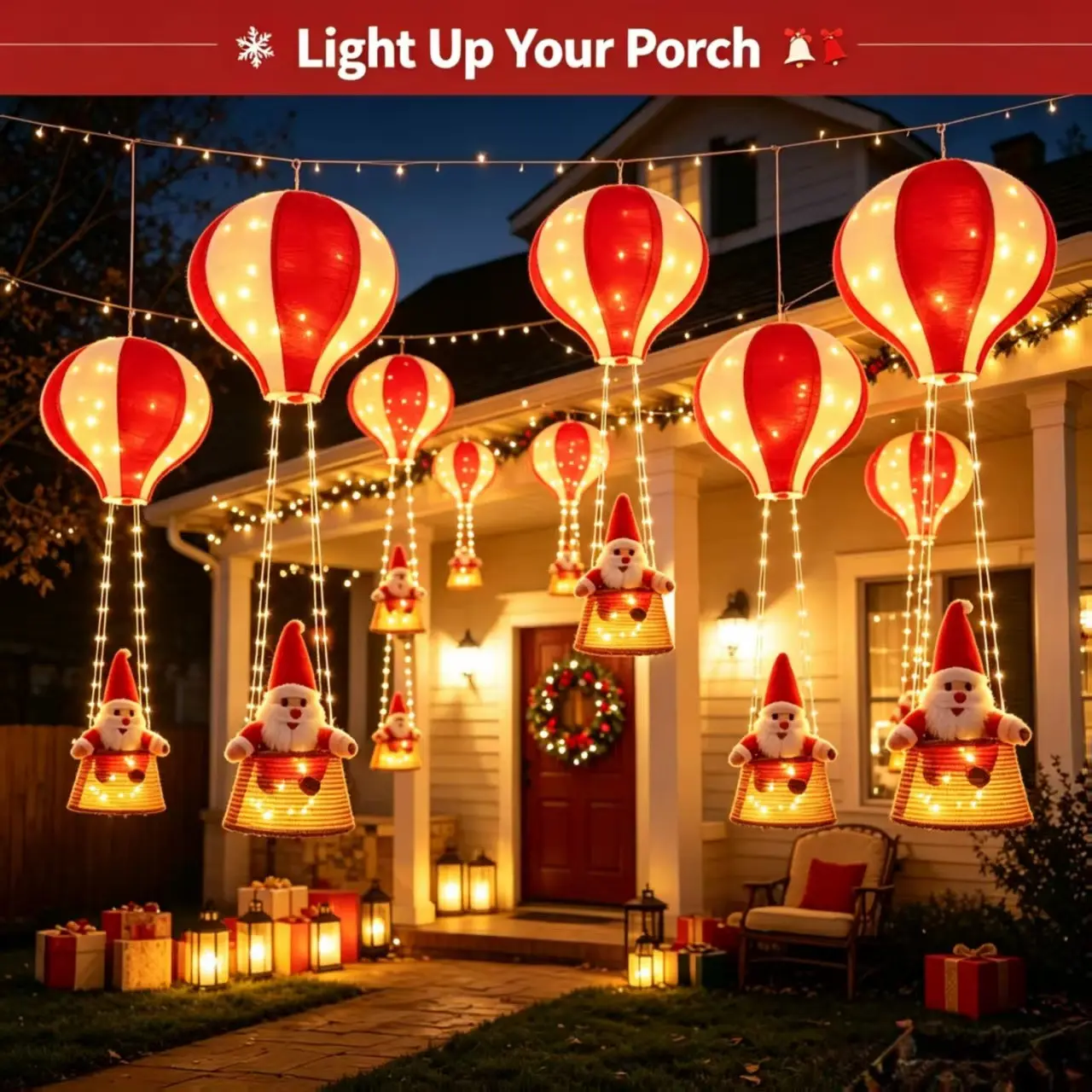 Hanging Christmas Hot Air Balloon Santa Claus Lighted Ornament, Outdoor LED String Lights, Eave, Porch, Walkway Decor, 1pc