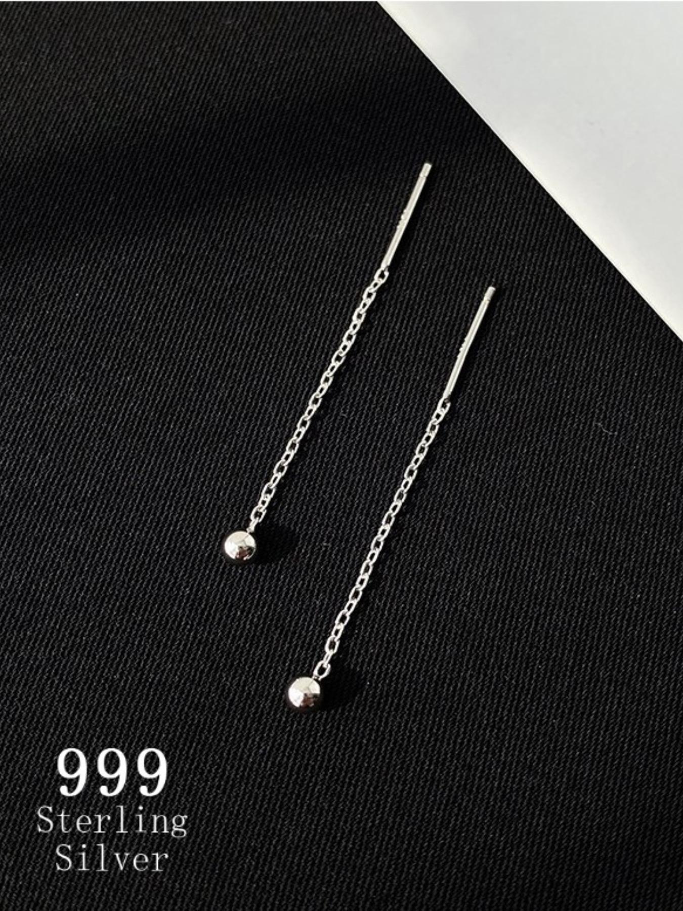 S999 Sterling Silver Round Bead Design Threader Earrings, Minimalist Line Earrings for Women, Trendy All-match & Exquisite Jewelry for Birthday Gift