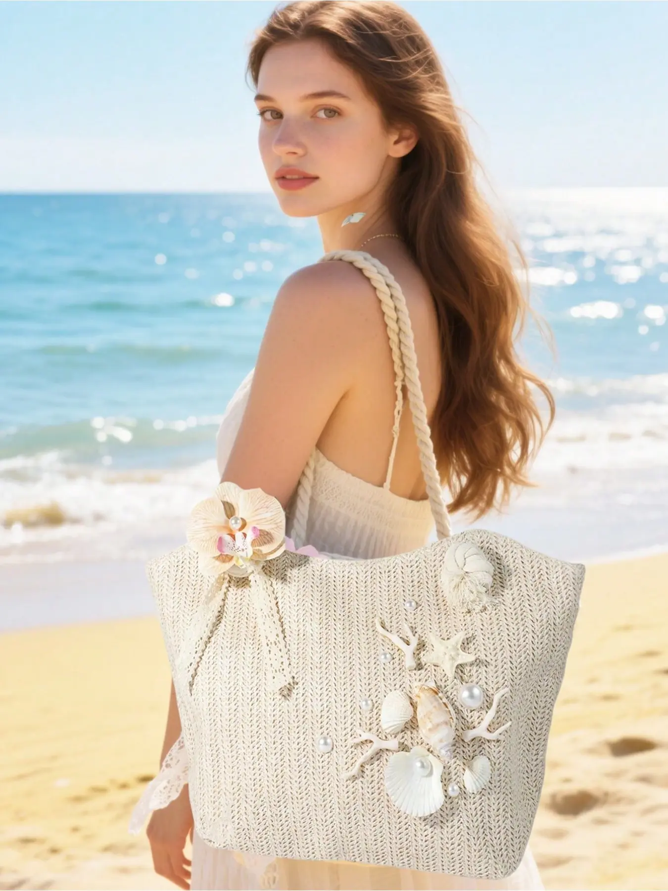 Bohemian Woven Beach Bag, Ocean Vacation Themed Tote Adorned with Natural Conch, Coral, Shells, Starfish & Faux Pearls, Stylish Exquisite Large Capacity Handbag for Beach & Travel