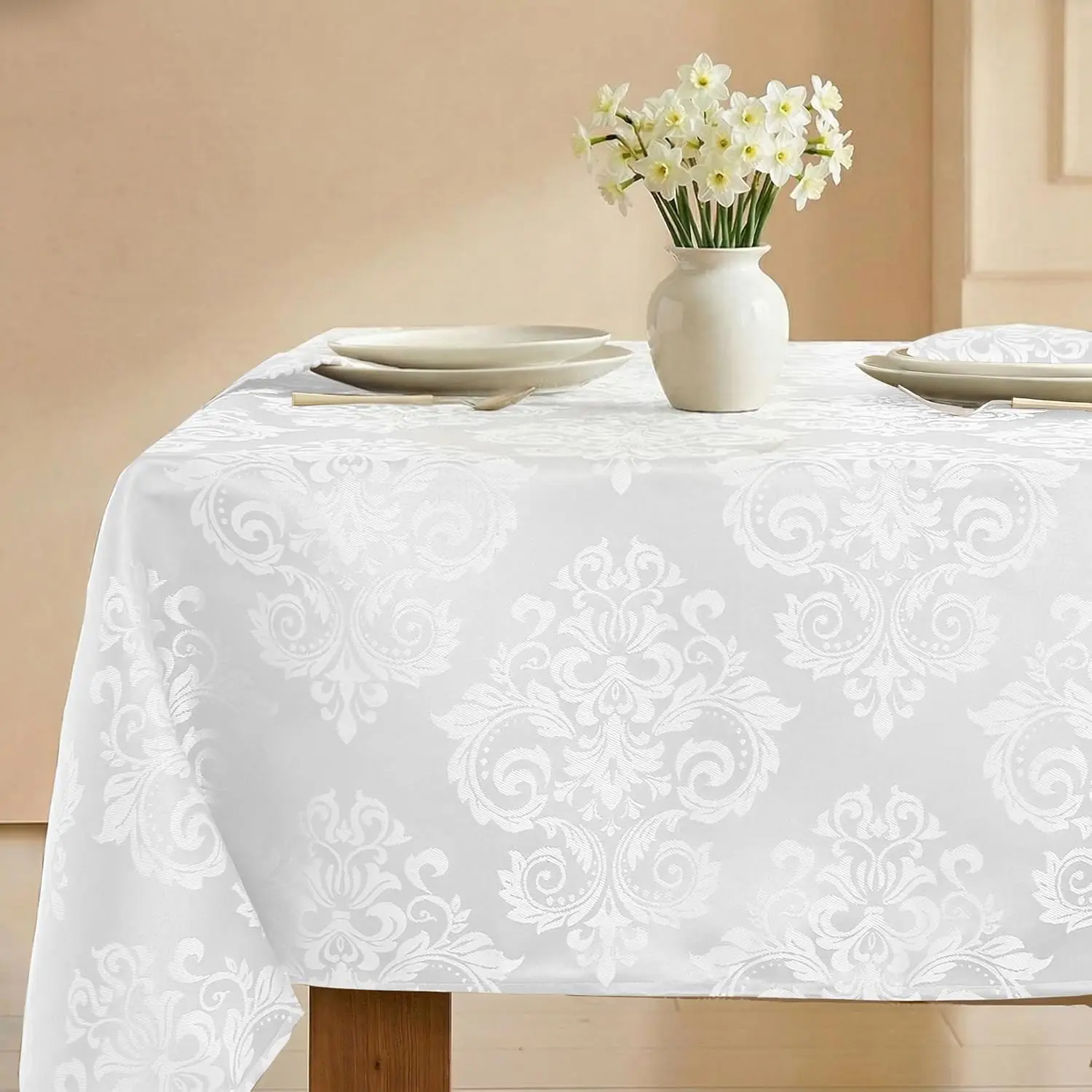 SASTYBALE White Table Cloth Rectangle Tablecloth (60"x120")| Floral Jacquard Damask, Stain Resistant, Spillproof Fabric,Wrinkle Resistant, Resuable Polyester, Washable, Daily Dinning