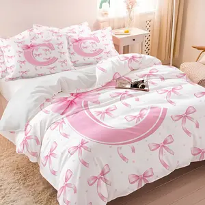 Pastel Pink Bold Letter C Big Ribbon Bow Full Print Duvet Cover Set, 1 Duvet Cover + 1-2 Coreless Pillowcases, Soft Skin-Friendly All Season Bedding, Personalized Sweet Gift For Teen Girls & Cream Girly Bedroom Decor