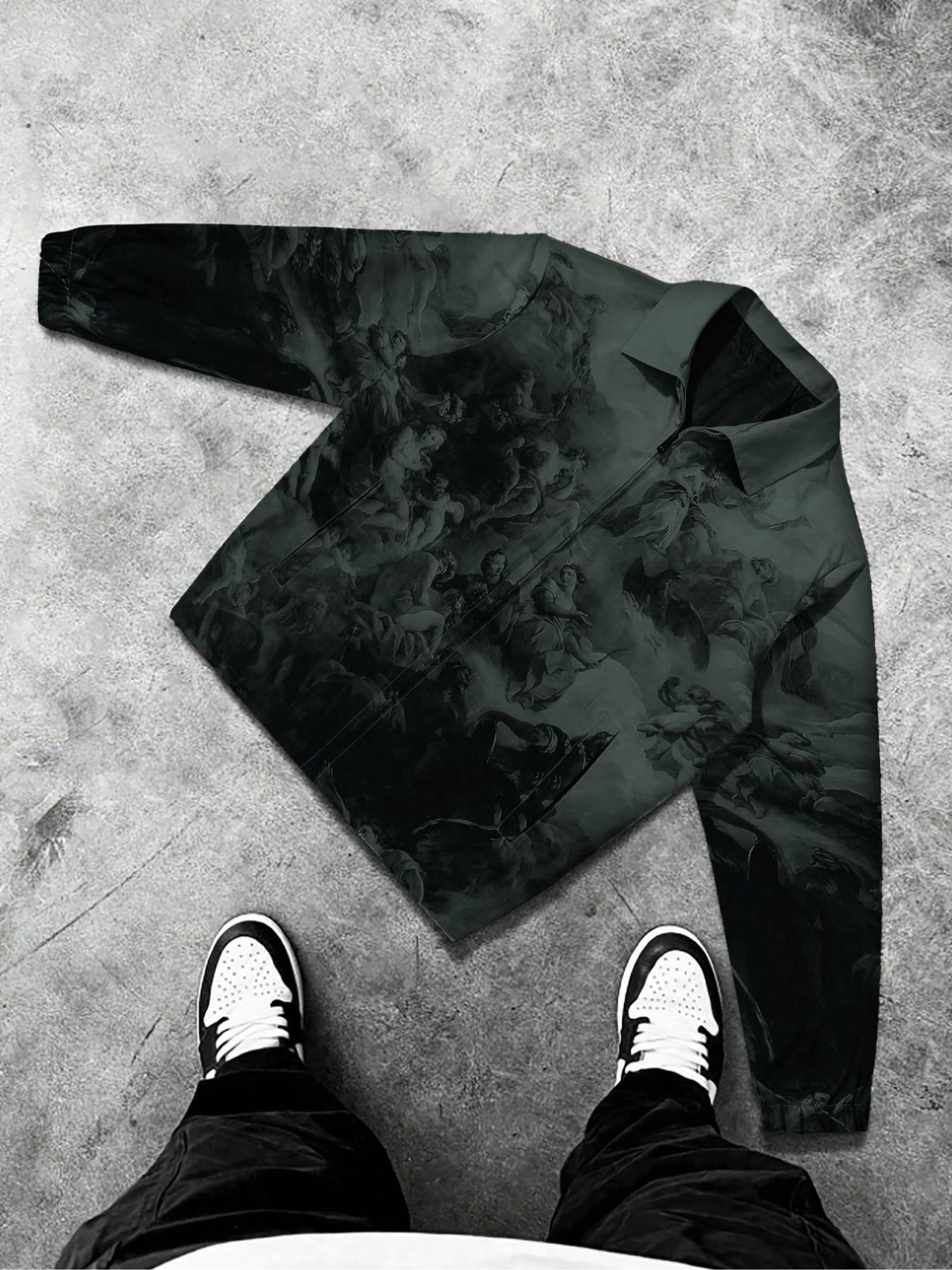 Men's Printed Long Sleeve Jacket with Artistic Patterns, Unique Retro Style Collar + Zipper Design, Trendy & Vintage Fashion Outerwear Coats, Menswear