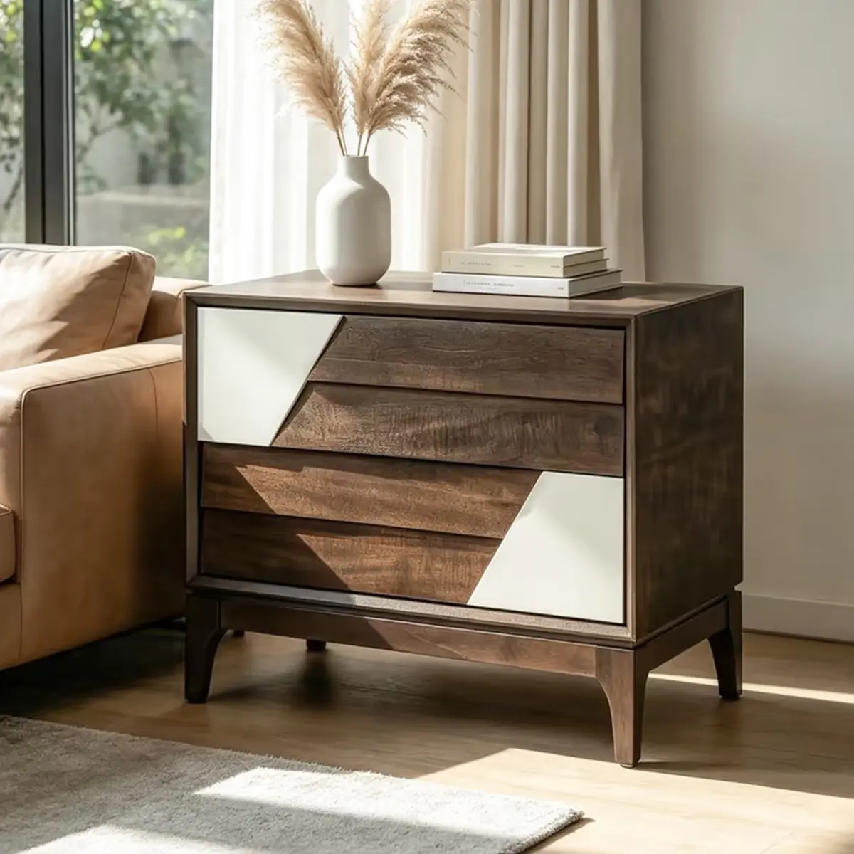 [Bellemave]Christopher Knight Home® Modern 2-Drawer Nightstand with Two-Tone Geometric Design, Japandi Style Bedside Table with Angled Patchwork Detail, Brown & Cream White End Table for Bedroom, Living Room, Solid Tapered Legs    RR