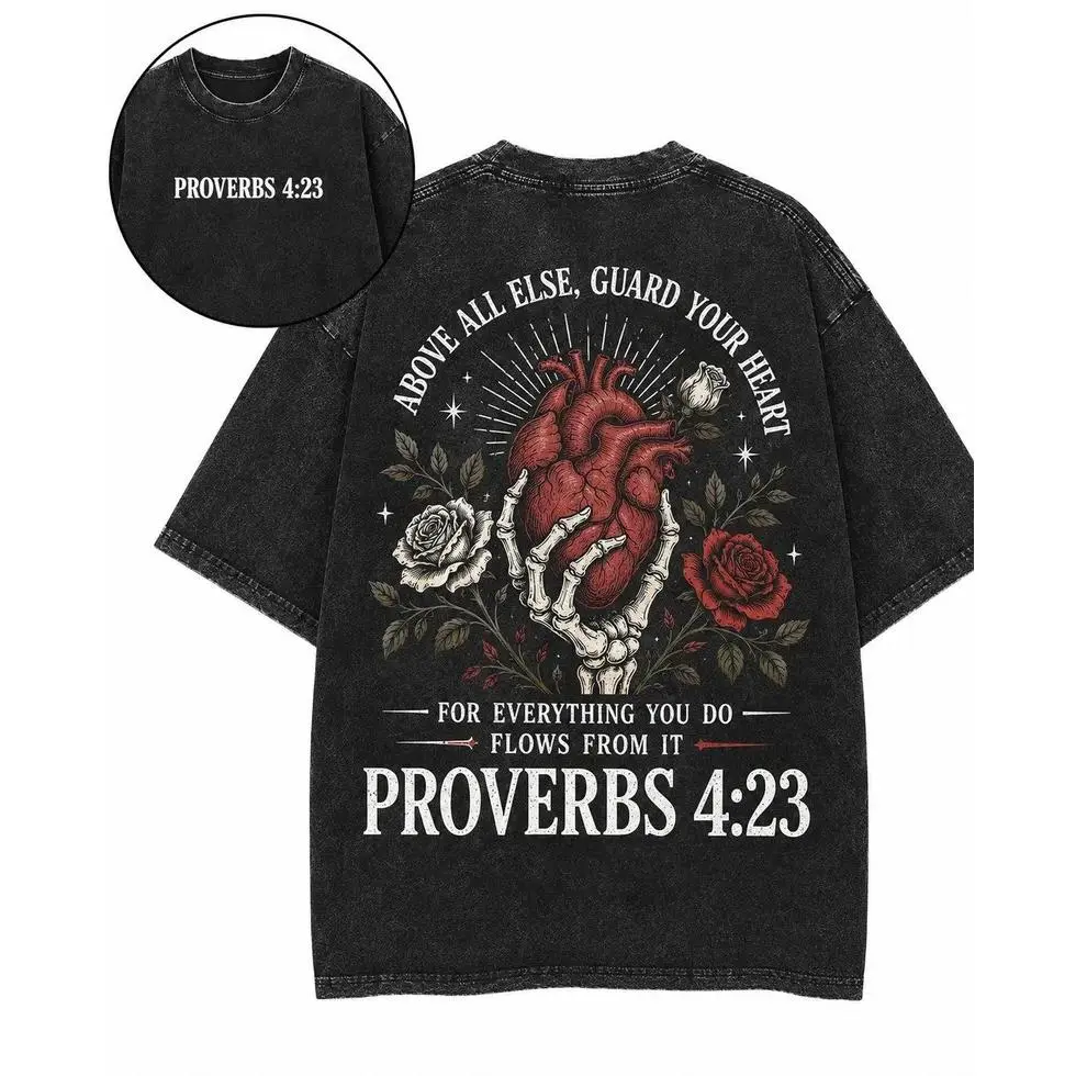 Guard Your Heart Washed T-Shirt, Proverbs 4 23 Bible Verse Unisex Tee, Gothic Christian Graphic T-Shirt, Oversized Heavyweight Acid Wash Anatomical Top,Machine Washable All-seasons Comfort Fit