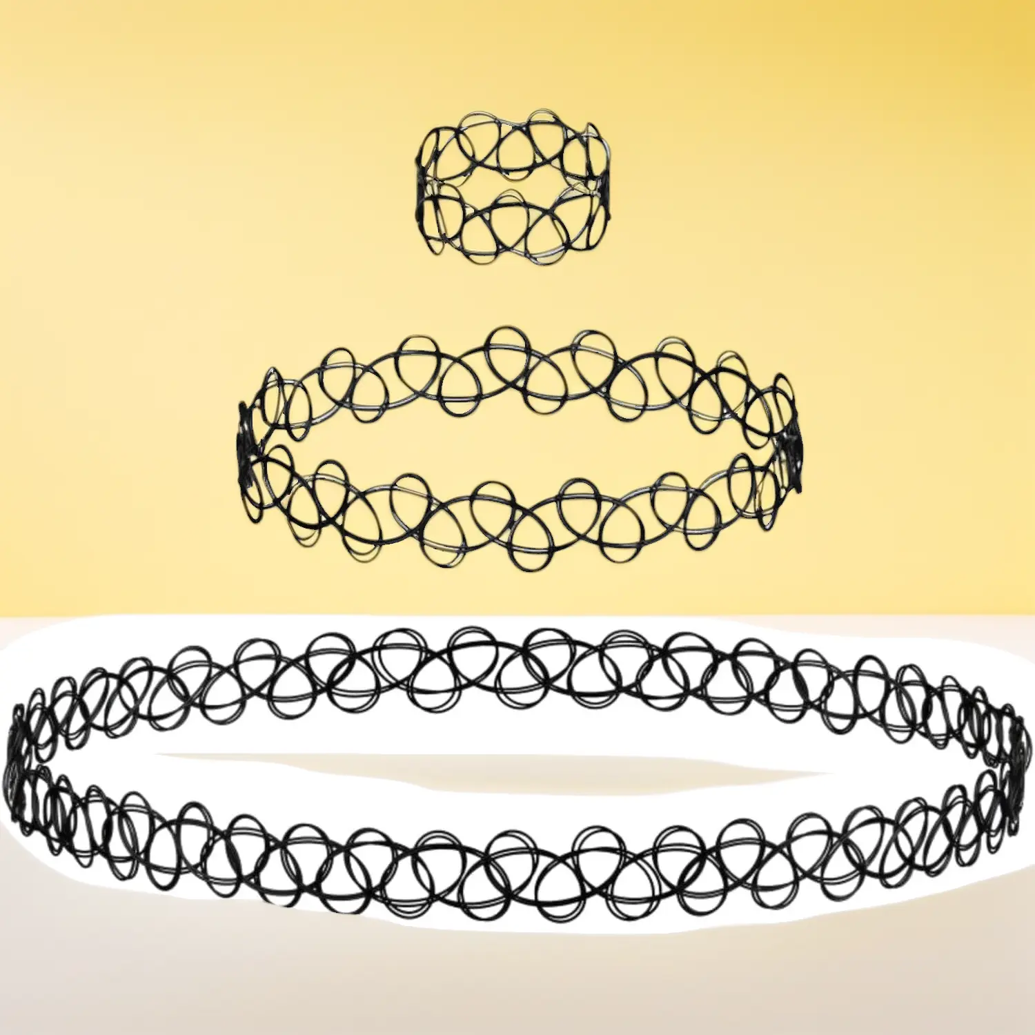 3PCS Y2K Tattoo Choker Set for Women Stretch Necklace Bracelet Ring 90s Vintage Black Elastic Neck Lace Gothic Adjustable Collar 2000s Fashion Jewelry