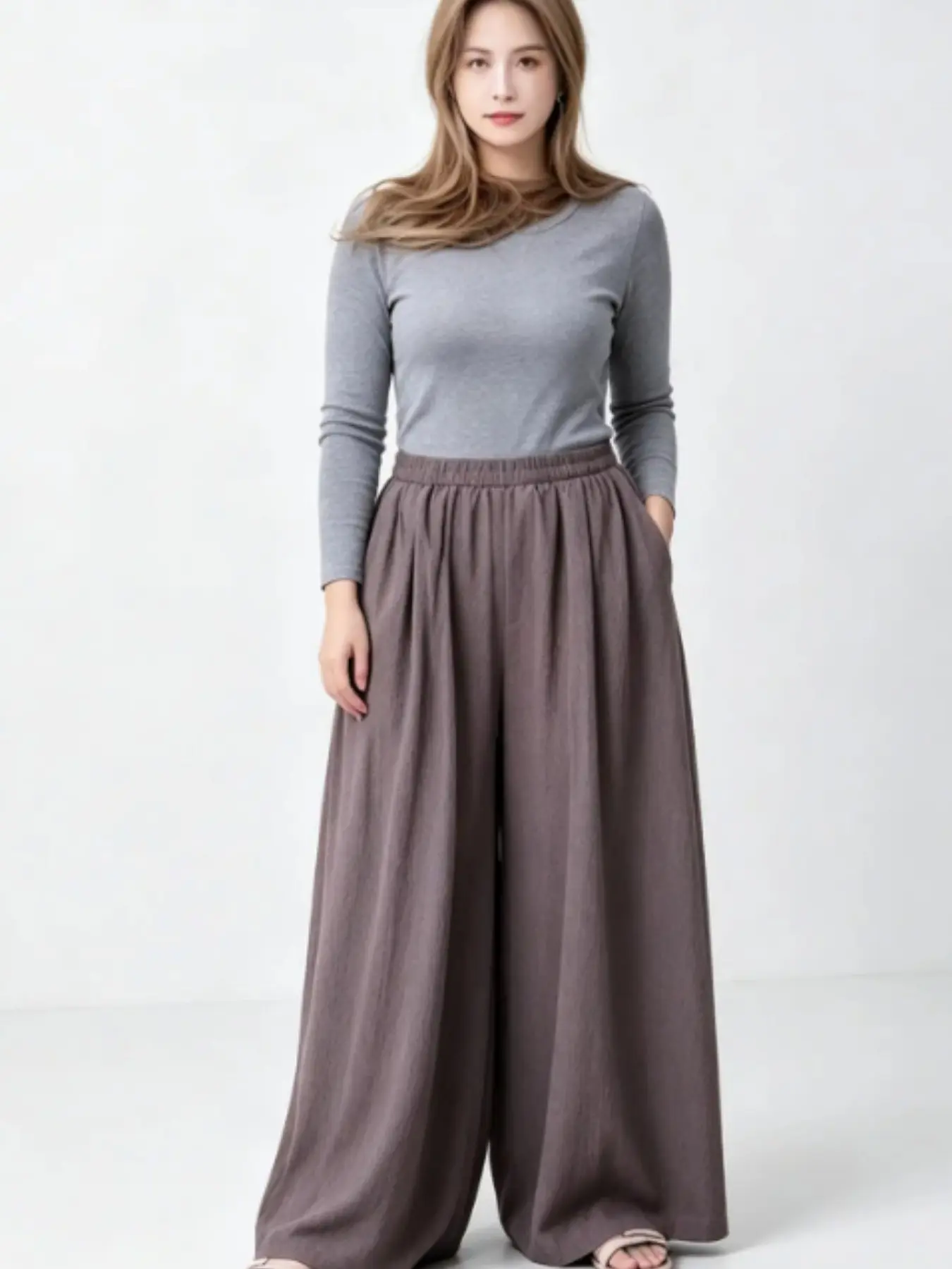 Women's Wide Leg Pants, Elastic Waist, Loose Fit, Side Pockets, Casual Long Trousers for Home, Travel, Office, Shopping