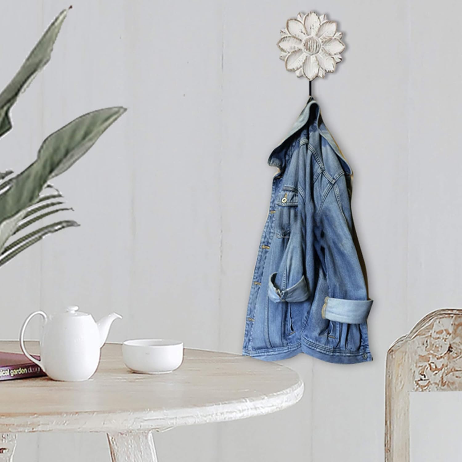 Decorative Wall Mounted Flower Hooks, White Distressed  Hanging Hooks, Farmhouse Boho Coat Rack for Hanging Things, Towels, Purse