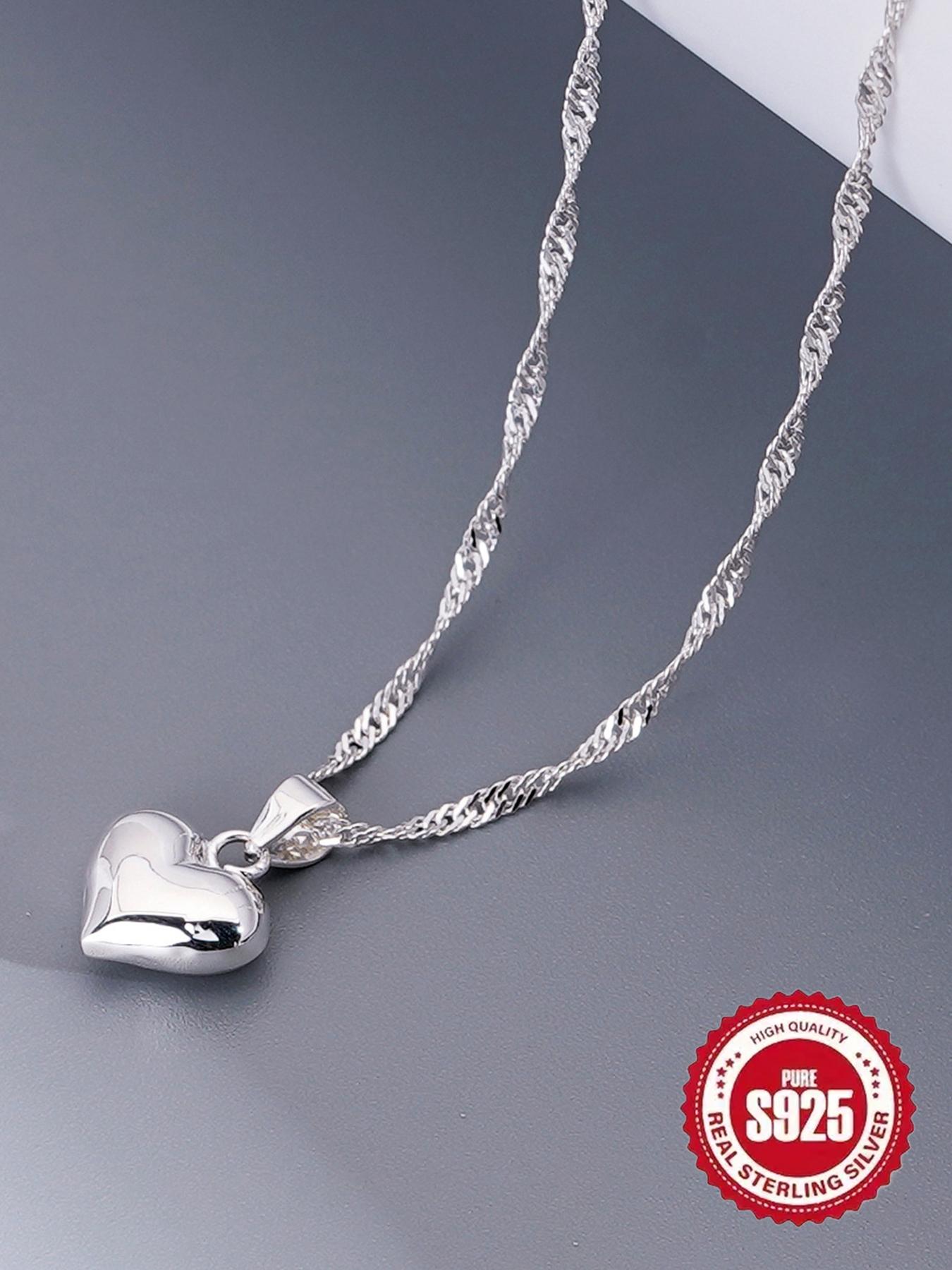 S925 Sterling Silver Heart Shaped Pendant Necklace for Women, Heart Design Necklace, Adjustable Necklace for Gift with Box, Elegant Jewelry for Daily Decor