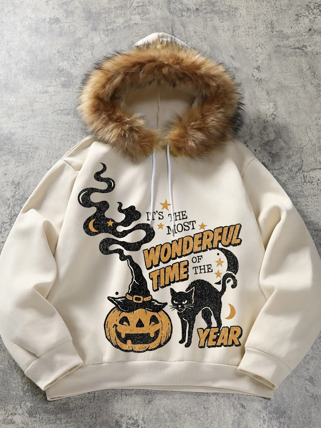 Women's Halloween Theme Fleece Hat Hoodie, Loose Fit, Long Sleeve, Cartoon Print, Drawstring Design, Soft Fabric, Casual Style