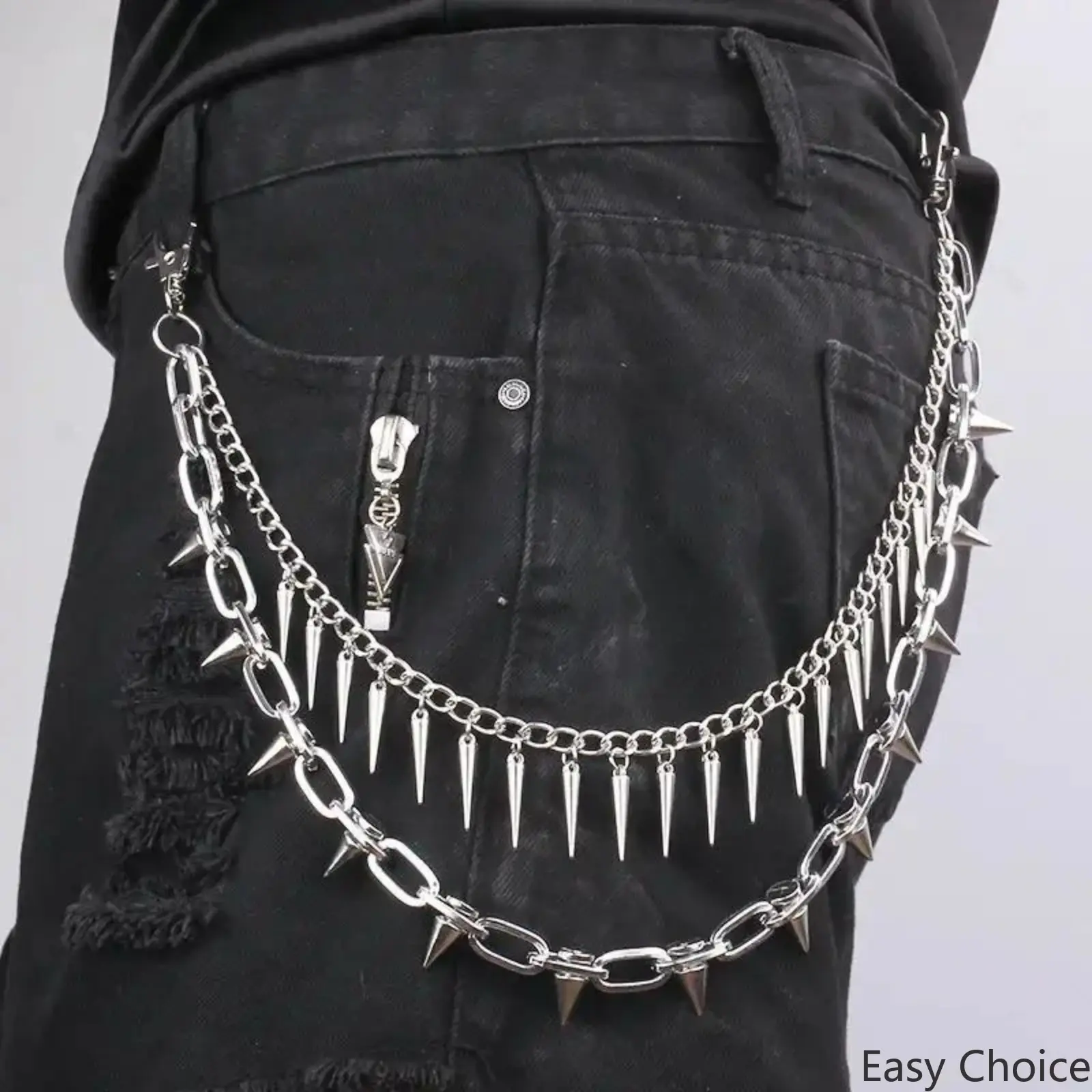 Unisex Edgy Spiked Gothic Punk Multi-Layer Solid Metal Wallet Pants Chain, Sturdy Clip-On Heavy-Metal Streetwear Ornament, Trendy Decor Accessory for Rock Shows & Daily Hip Hop Outfits