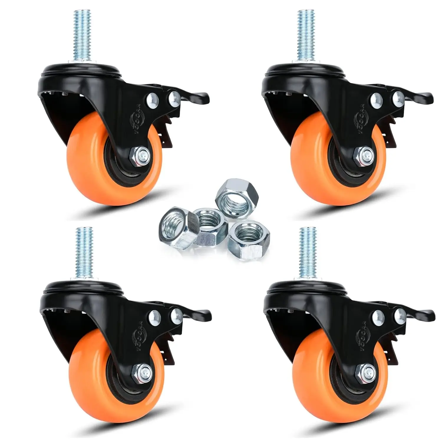 2" Stem Caster Wheels M10 Safety Dual Locking 600Lbs Heavy Duty Threaded Stem Casters No Noise Swivel Castors with Brakes for Cart Furniture